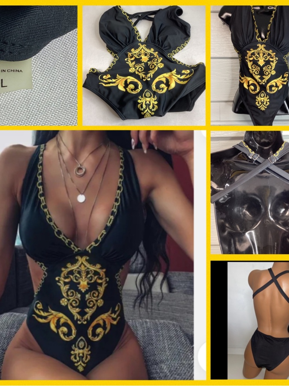Black & Gold Deep V One-Piece Swimsuit - Women's Swim.52 - Picture 4 of 8